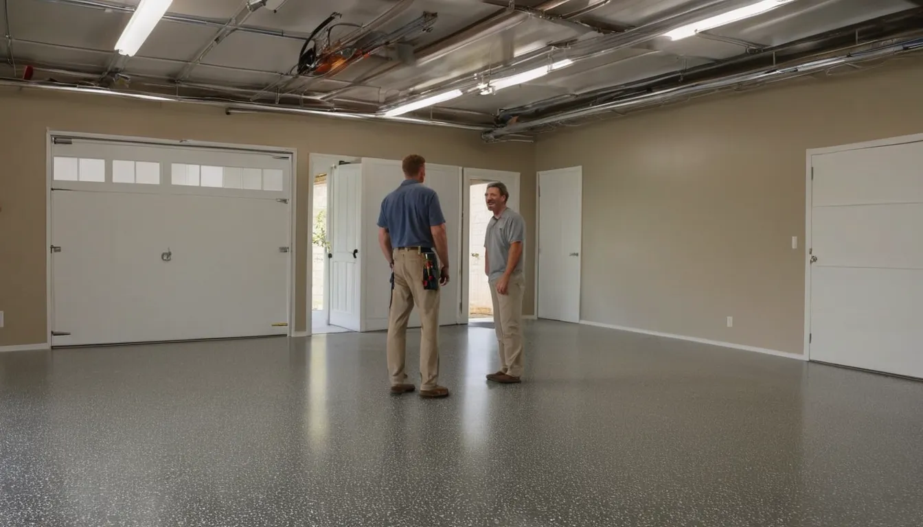Homeowner and a local provider reviewing a freshly coated gray flake garage floor in the Alexandria area